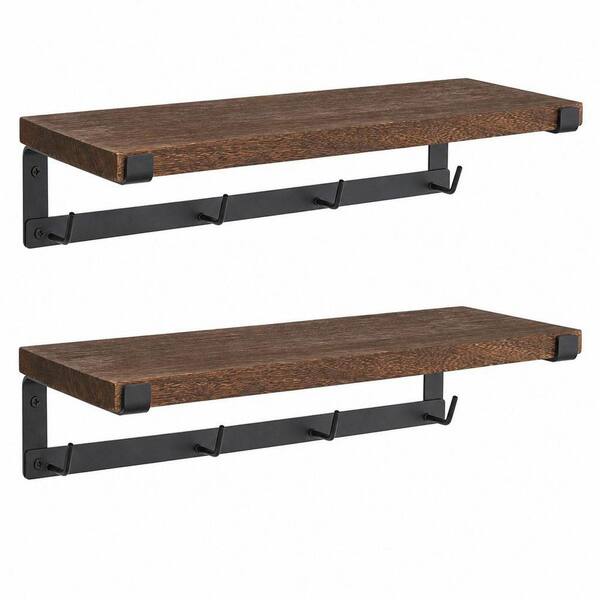 Brown Wood Mug Holder Wall Mounted Mug Rack with Hooks, Set of 2, Storage Rustic Floating Shelf Coffee Bar Accessories