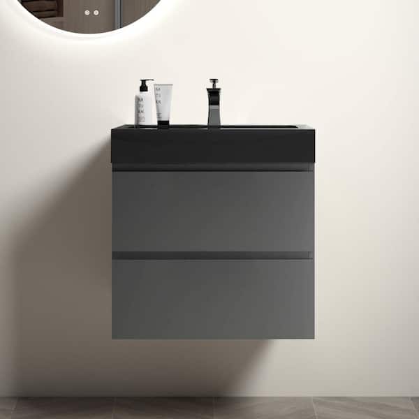 INSTER NOBLE 24 in. W x 18 in. D x 25 in. H Single Sink Floating Bath Vanity in Gray with Black Solid Surface Top (No Faucet)