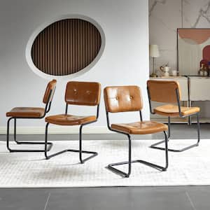 Set of 4-Modern Mid Century Brown PU Leather Upholstered Armless Dining Chair with Black Metal Pipe Legs