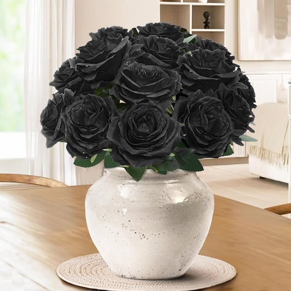 LIVING LUXURY 18 in. Deluxe Black Artificial Queen Rose Flower