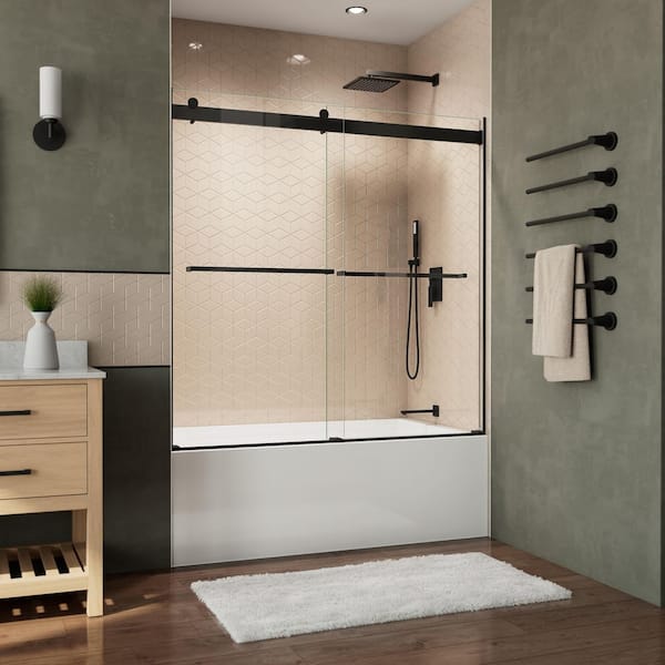 DreamLine 60 in. W x 60 in. H Sliding Frameless Tub Door with Matte Black Finish