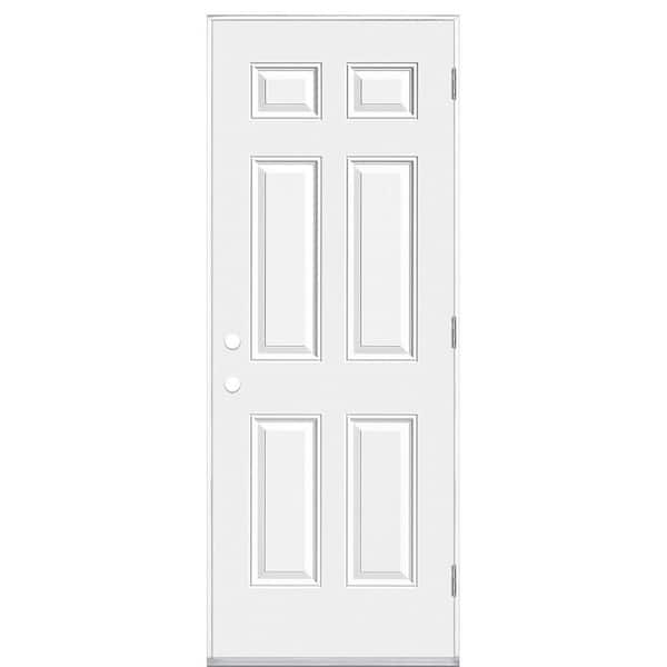 Masonite 30 in. x 80 in. Premium 6 Panel Left-Hand Outswing Primed Impact Steel Prehung Front Exterior Door No Brickmold