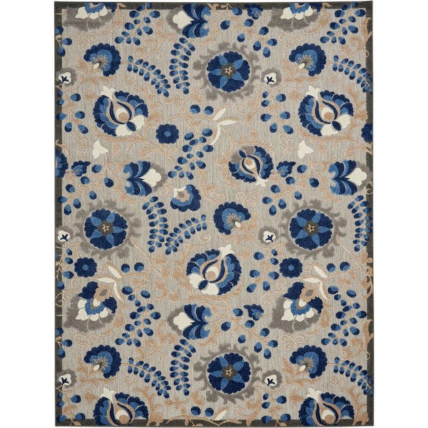Aloha Blue 7 ft. x 10 ft. Floral Modern Indoor/Outdoor Patio Area Rug