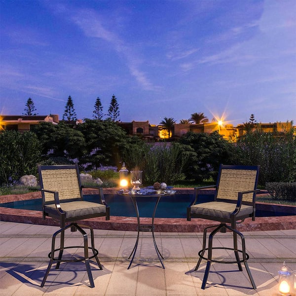 360° Swivel Function Aluminum Frame Outdoor Bar Stool Chair with Dark Gray Fabric Cushion and Teslin Backrest (Set of 2)