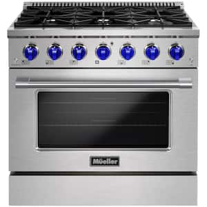 36 in. 5.2 cu. ft. Freestanding Gas Range with 6 Burners and Convection Oven in Stainless Steel with Blue Knobs