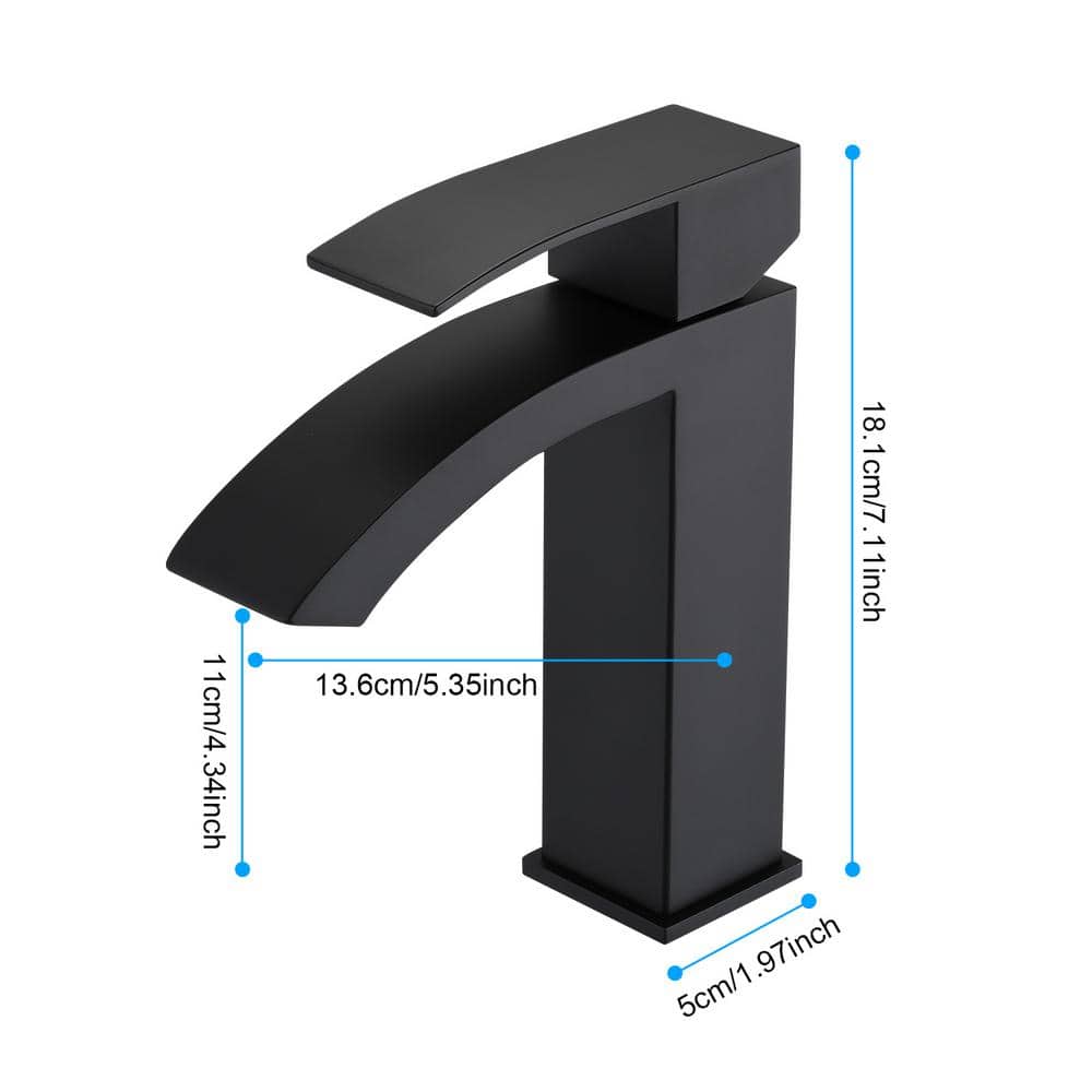 Matte Black Single Handle Waterfall Bathroom Faucet with Pop-Up Drain