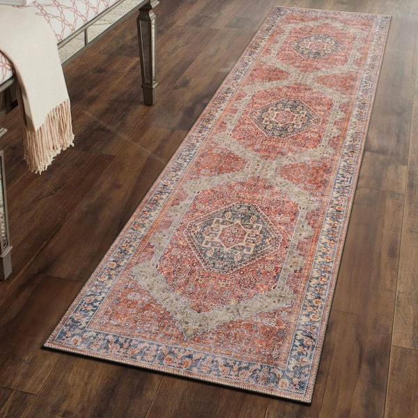 Valora Medallion Machine Washable Red 2 ft. 6 in. x 6 ft. Runner Rug