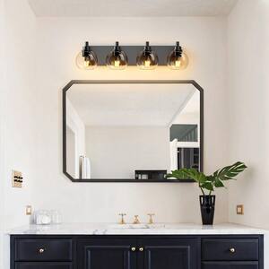 Industrial Bathroom 7.9 in. 4 Light Black Vanity Light, Bathroom Lights Over Mirror with Clear Glass Globe Shade