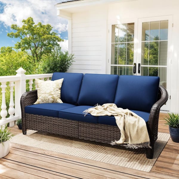 3-Seat Brown Wicker Outdoor Couch Patio Sofa with Thick Blue Cushions