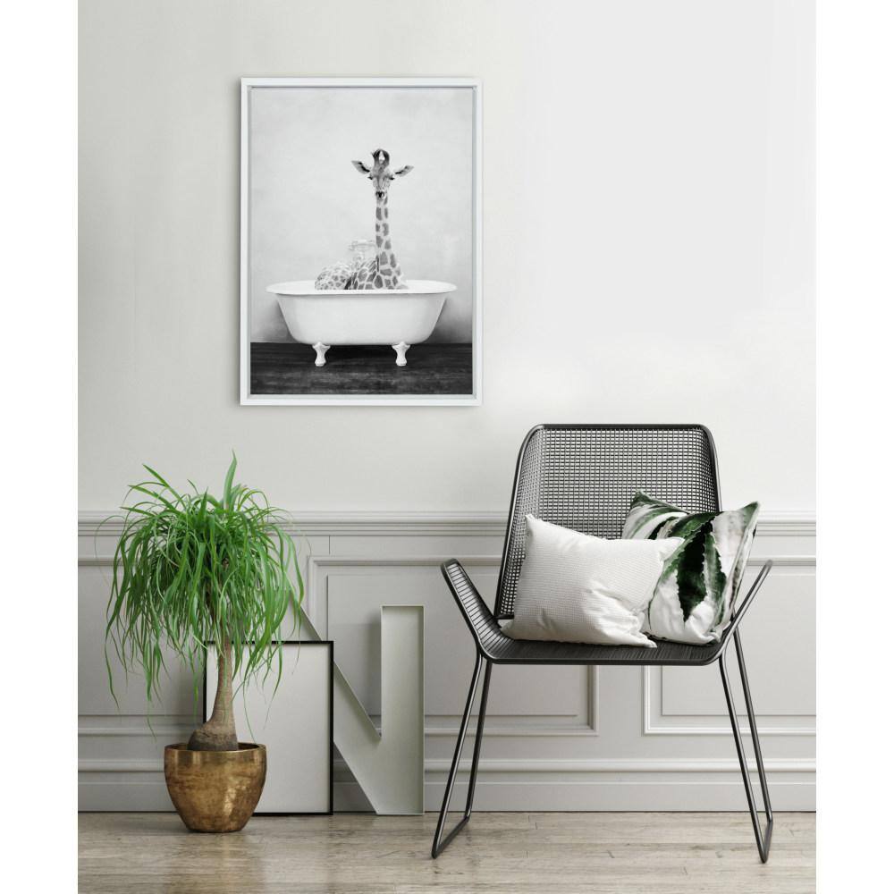 Whimsical Giraffe in Tub Framed Canvas Wall Art