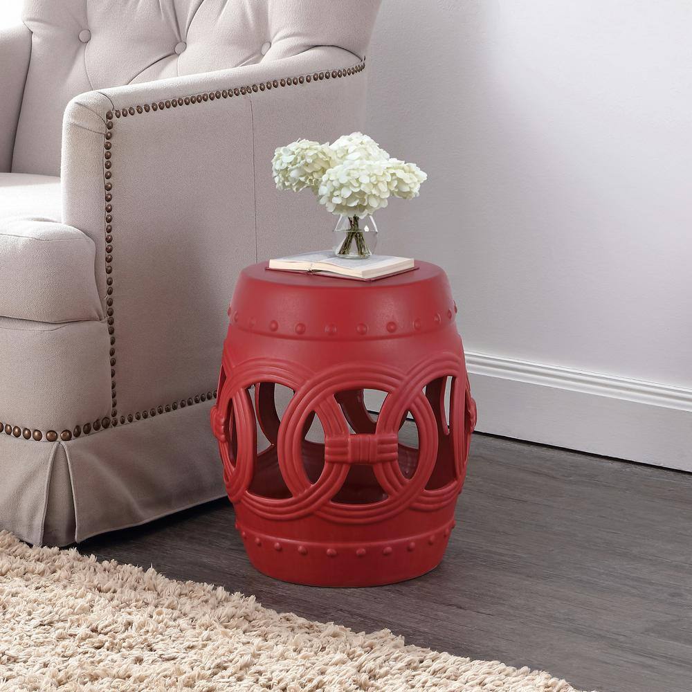 Matte Red 16" Ceramic Drum Garden Stool with Lucky Coin Symbols