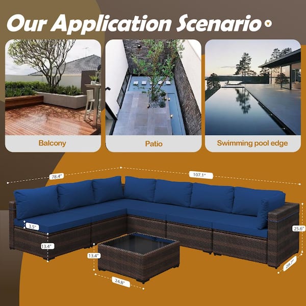 7-Piece Wicker Patio Conversation Sectional Seating Set with Coffee Table for Deck, Backyard, Lawn, Navyblue