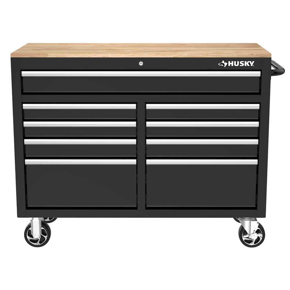 Husky Tool Storage 46 in. W x 18 in. D 9-Drawer Mobile Workbench Cabinet in Gloss Black H46X18MWC9BLK