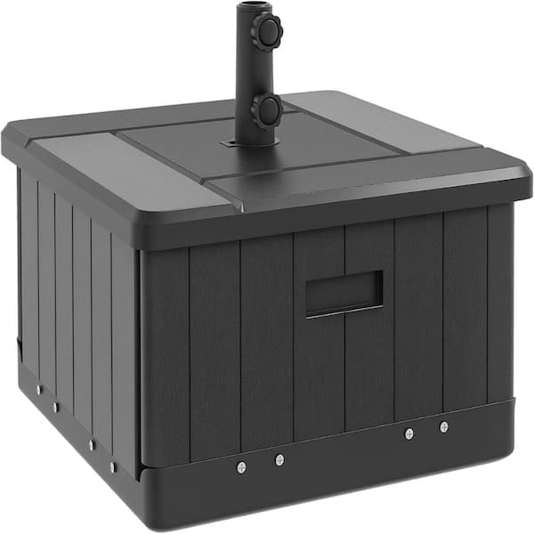 Heavy-duty 3-in-1 outdoor umbrella base that also works as a coffee table or planter box. Black, fillable up to 175 lbs