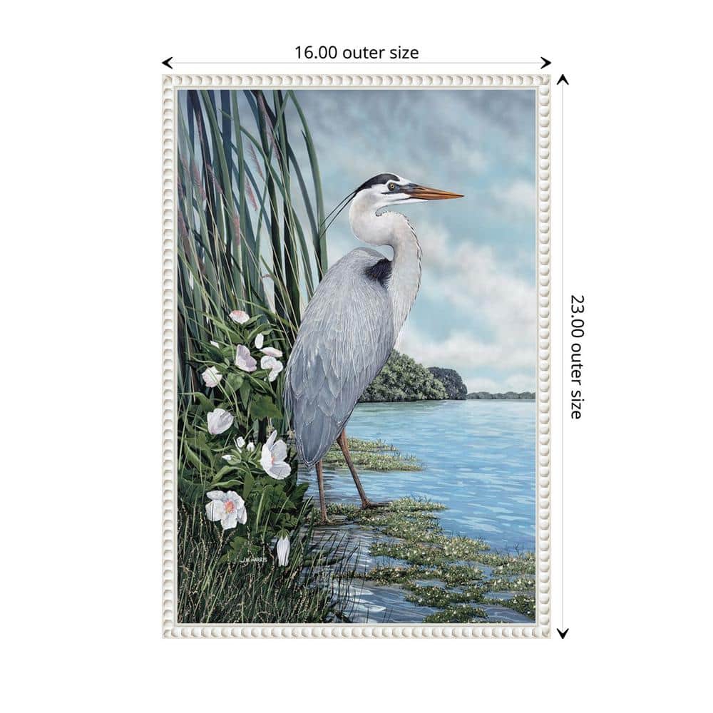 Great Blue Heron Coastal Scene Canvas Wall Art with White Frame