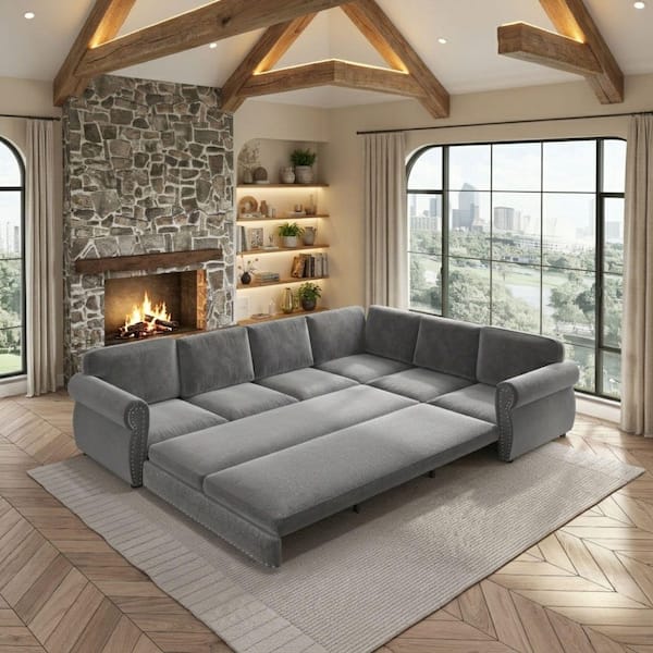 Homy Casa HULU 118 in. Pewter Gray Rivet Chenille Upholstered Queen Size Sofa Bed HULU-LG