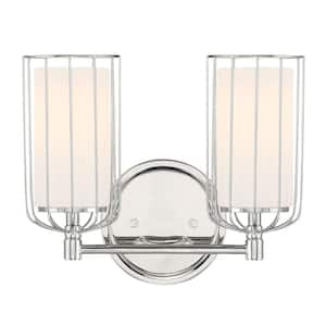 Avery 15 in. 2-Light Polished Nickel Industrial Vanity with Cage and Etched Opal Glass Shades