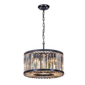 17.7 in. 4-Lights Modern Matte Black Glam Round Drum Pendant Hanging Lighing Chandelier with Crystals Shade