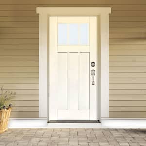 36 in. x 80 in. Smooth White Left-Hand Inswing 3-Lite LowE Classic Craftsman Finished Fiberglass Prehung Front Door