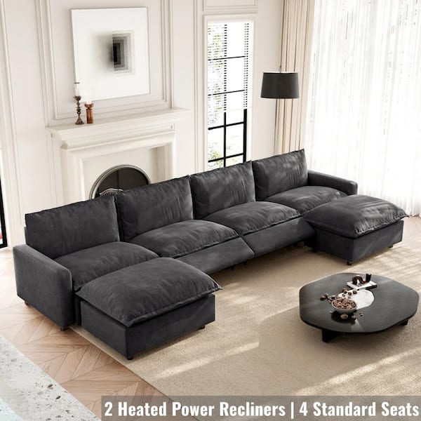 149 in. Electric Modular Recline Sectional Sofa, Square Arm Linen 6-Pieces Sofa with 2-Ottomans, Heating in Gray