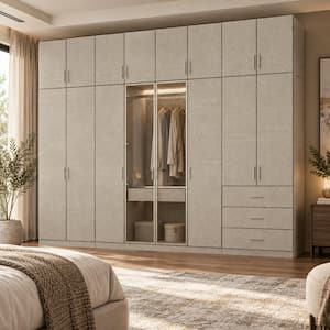 Beige-H Wood 126 in. Armoire with 5-Drawer, Hanging Rods, Shelves, Top Cabinets and Linen Finish for Bedroom Storage