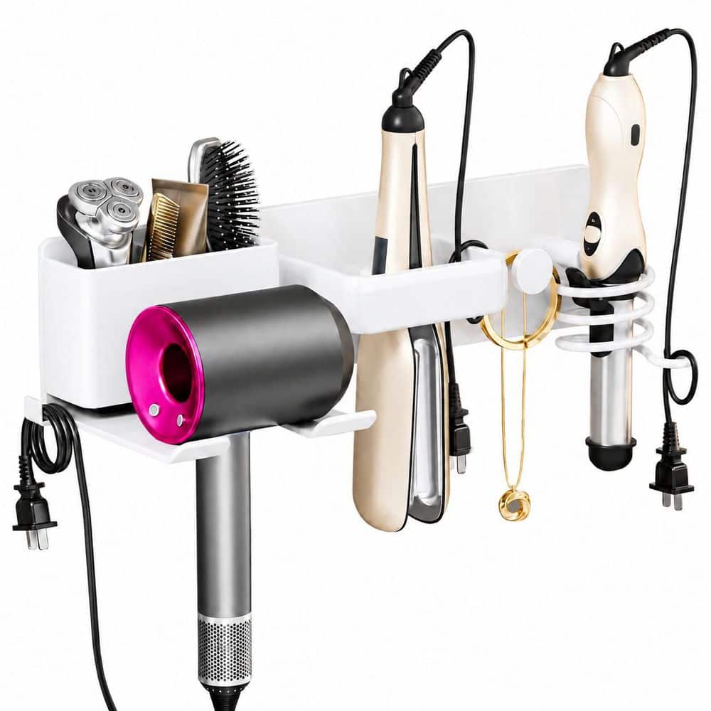 White Metal Wall Mount Hair Tool Organizer for Dryer, Curling Iron, Flat Iron, Straightener and Wand