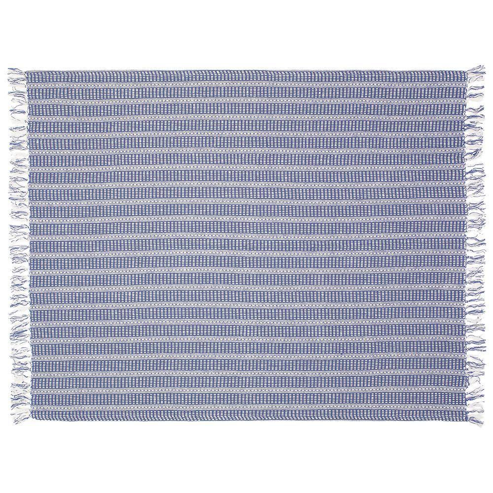 Chic Navy and White Striped Fringed Organic Cotton Throw, 50" x 60"