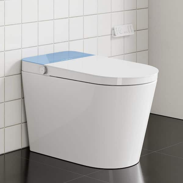 Elongated Smart Bidet Toilet 0.88/1.28 GPF with Auto Open/Close in White with Foam Dispenser and Stylish Blue Cover