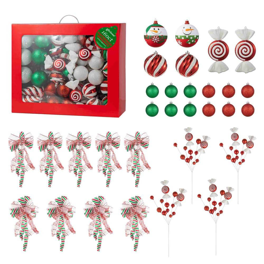 Glitzhome 178 CT Christmas Whimsical Red and Green Shatterproof Ornaments with Matched Candy Picks and Ribbon Bow Sets