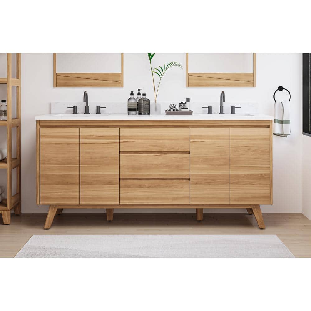 Coventry 73" Natural Teak Double Sink Vanity with White Stone Top
