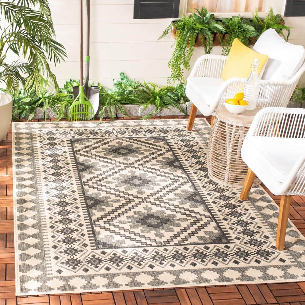 Ivory and Slate Southwestern Synthetic Indoor/Outdoor Area Rug