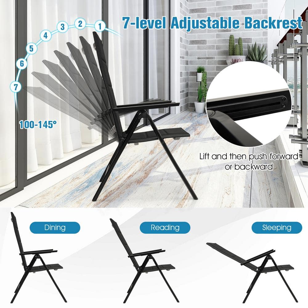 Black Aluminum Outdoor Dining Chair with Adjustable Backrest and Mesh Fabric