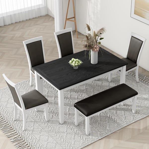 Harper & Bright Designs Rustic 6-Piece White and Gray Rectangle Wood Dining Set with PU Leather Upholstered Chairs and Bench