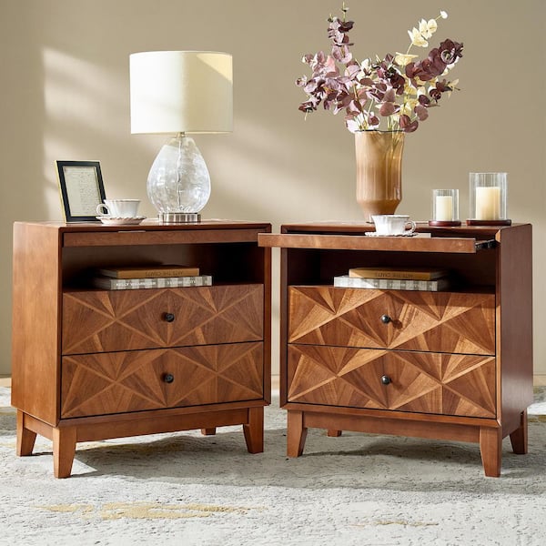 Jaime 28 in. Walnut Square Wood End Table with Type-C and USB (Set of 2)