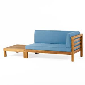 Kaena Teak 2-Piece Wood Right-Armed Patio Conversation Set with Blue Cushions