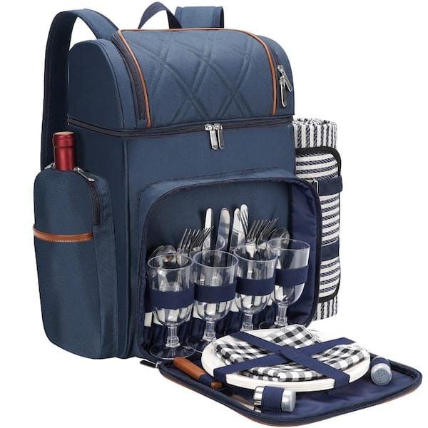 18 in. Picnic Backpack Cooler Set with Blanket and Wine Pouch Navy Blue 1 Pack