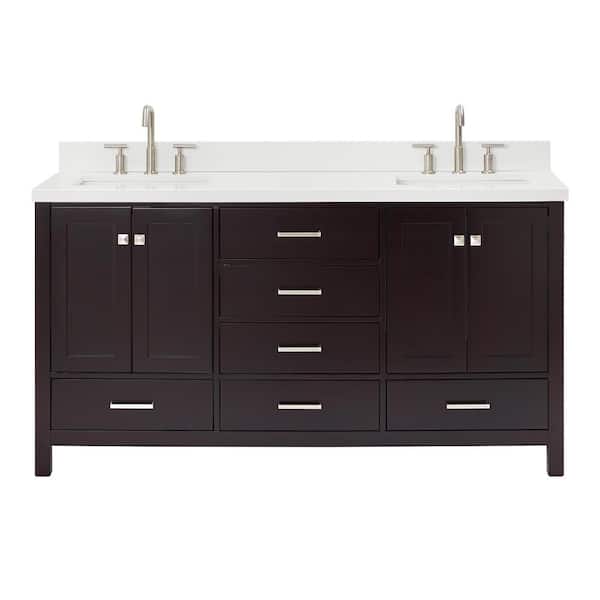 Cambridge 66 in. Double Sink Freestanding Bathroom Vanity in Espresso with Pure White Quartz Top