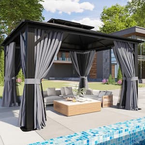 10 ft. x 12 ft. Outdoor Dual-Layer Galvanized Steel Gazebo with Netting and Curtains for Garden, Patio, Lawns