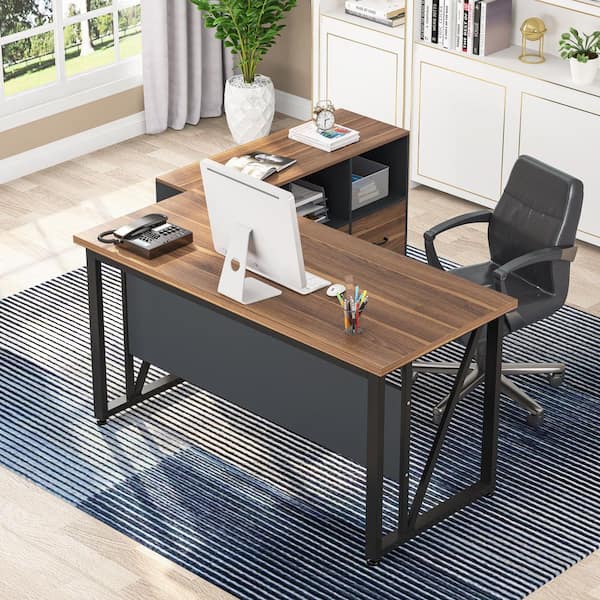 BYBLIGHT Lanita 55.1 in. L Shaped Desk Brown and Black Engineered