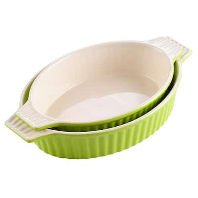 2-Piece Oval Green Porcelain Bakeware Set 12.75 in. and 14.5 in. Baking Pans