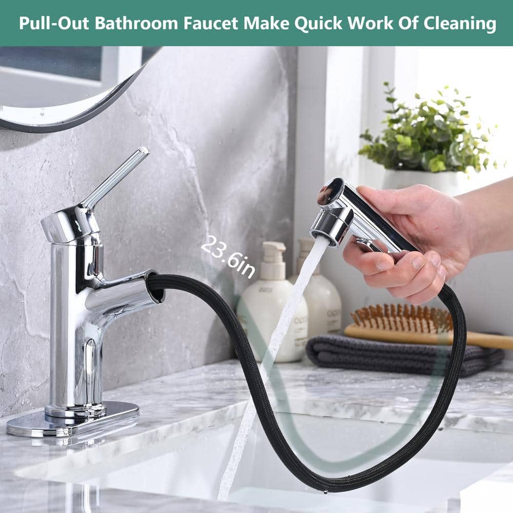 Chrome Single Handle Bathroom Faucet with Pull Out Sprayer