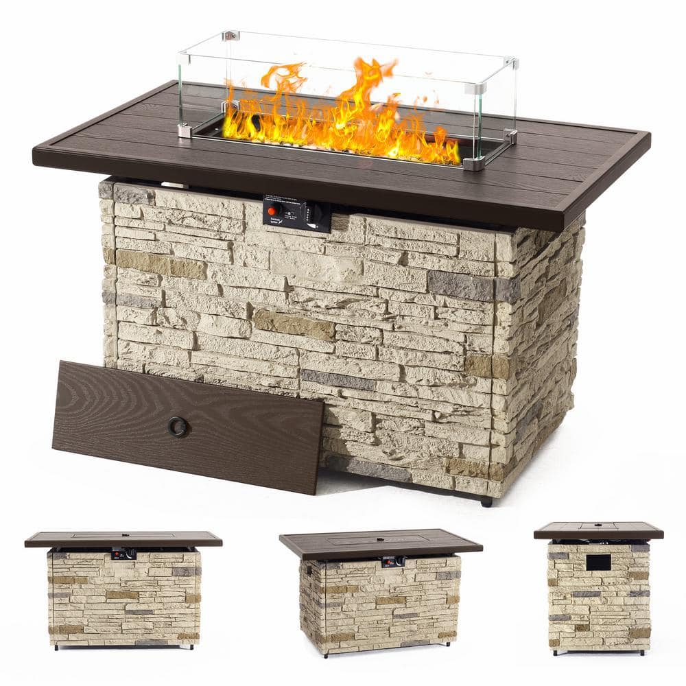 43" Buff Faux Stone Gas Fire Pit Table with Glass Wind Guard
