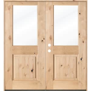 64 in. x 80 in. Rustic Knotty Alder Half-Lite Clear Glass Unfinished Wood Right Active Inswing Double Prehung Front Door