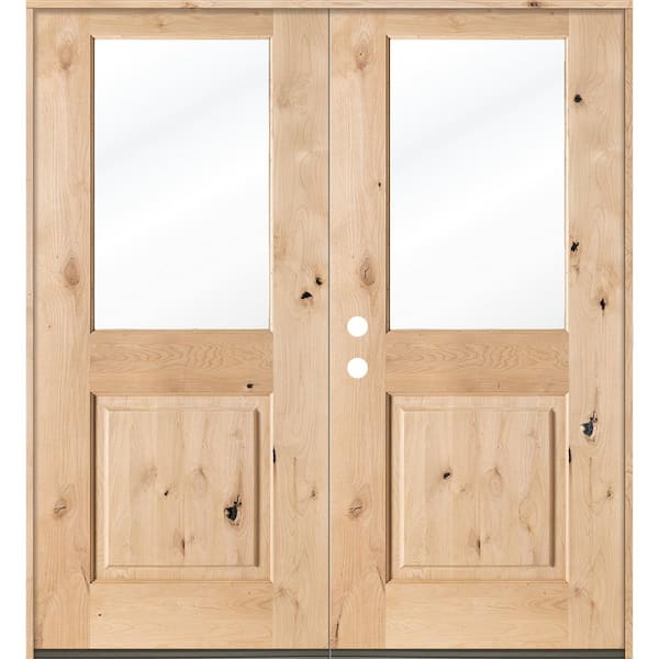 Krosswood Doors 64 in. x 80 in. Rustic Knotty Alder Half-Lite Clear Glass Unfinished Wood Right Active Inswing Double Prehung Front Door