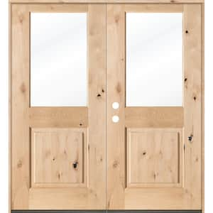 72 in. x 80 in. Rustic Knotty Alder Half-Lite Clear Glass Unfinished Wood Right Active Inswing Double Prehung Front Door