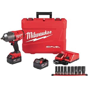 M18 FUEL 18-Volt Lithium-Ion Brushless Cordless 1/2 in. Impact Wrench (2 Battery Kit) with Impact Socket Set (9-Piece)