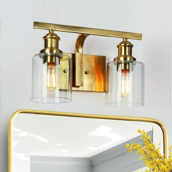 Zevni Modern Linear Bathroom Wall Sconce, 14 in. 2-Light Brass Vanity Light with Cylinder Clear Glass Shades for Powder Room