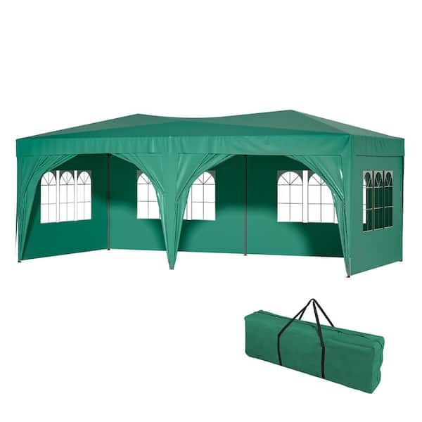BTMWAY 10 ft. x 20 ft. Green Outdoor Portable Folding Party Tent, Pop Up Canopy Tent with 6 Removable Sidewalls and Carry Bag
