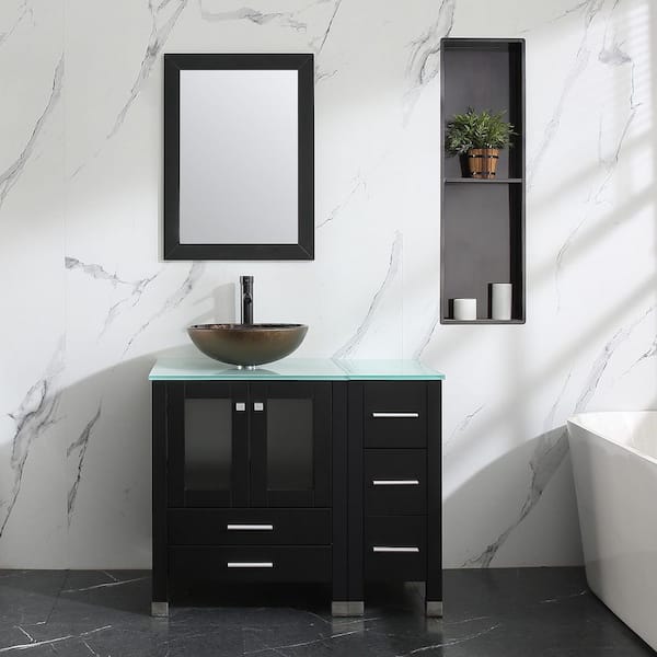 36 in. W x 21.3 in. D x 29.1 in. H Single Sink Bath Vanity in Black with Glass Top and Mirror