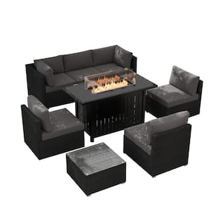 8-Piece Black Wicker Patio Conversation Set with Gray Cushions, 43 in. Propane Fire Table, Lid, Glass Wind Guard